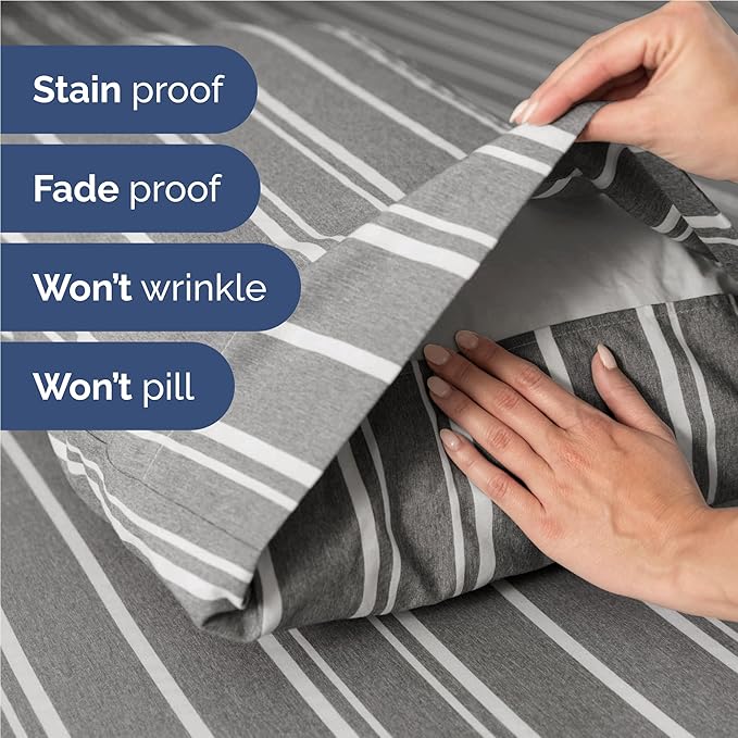 Full 6 Piece Sheet Set - Cooling & Breathable Bed Sheets - Hotel Luxury Bed Sheets for Women, Men, Kids & Teens - Bedding w/Deep Pockets & Easy Fit - Soft & Wrinkle Free - Full Grey Stripes Sheets