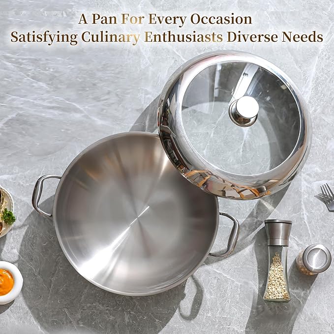 DELARLO Tri-Ply Stainless Steel Wok Pan with Lid 14inch, Healthy Non-Toxic Flat Bottom Induction Wok, Stir Fry Pan for Glass Top Stove Up to 600℉