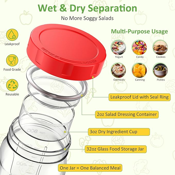 4Pack Glass Salad Jars with Lids, 32oz Salads Mason Jars with Wet/Dry Separation Cup, Meal Prep Salad Containers for Lunch, Leakproof Wide Mouth Food Storage Containers, BPA-Free Reusable (Red)