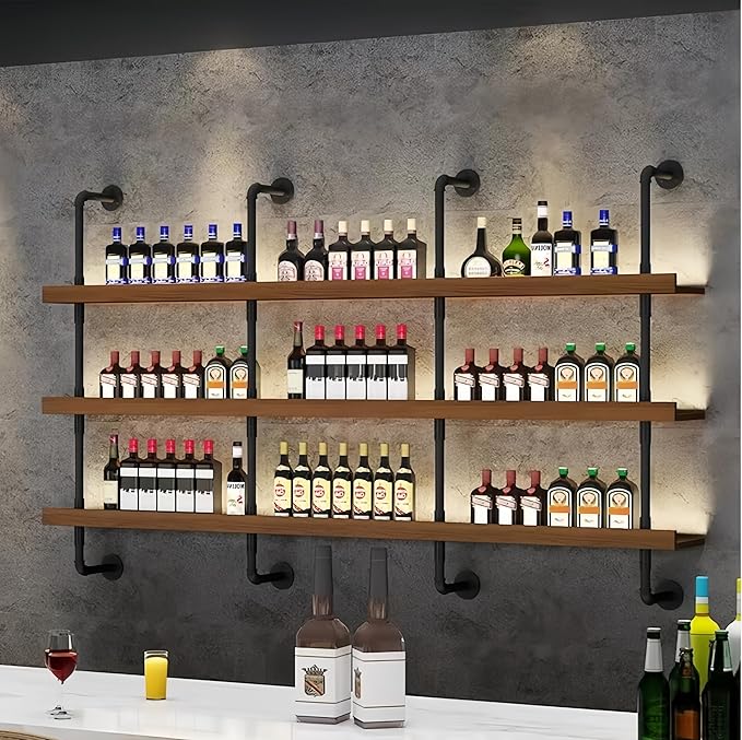 79 Inch Large Wall Mounted Wine Rack, 3 Tier Industrial Pipe Shelf Rustic Wood Floating Shelves, Wall Bar Shelves for Liquor Bottles Display Storage Organizer for Dining Room(Walnut, No Lights)