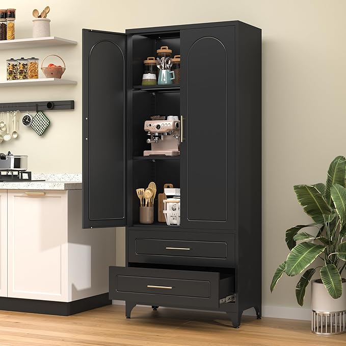 75??Metal Kitchen Pantry Storage Cabinet, Tall Storage Cabinets with Drawers and Adjustable Shelves, Modern Kitchen Hutch Cabinet竊똅reestanding Cupboard for Dining Living Room