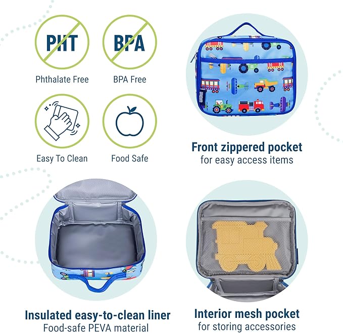 Wildkin Kids Insulated Lunch Box ??Durable and Reusable for School & Travel - Trains, Planes, and Trucks