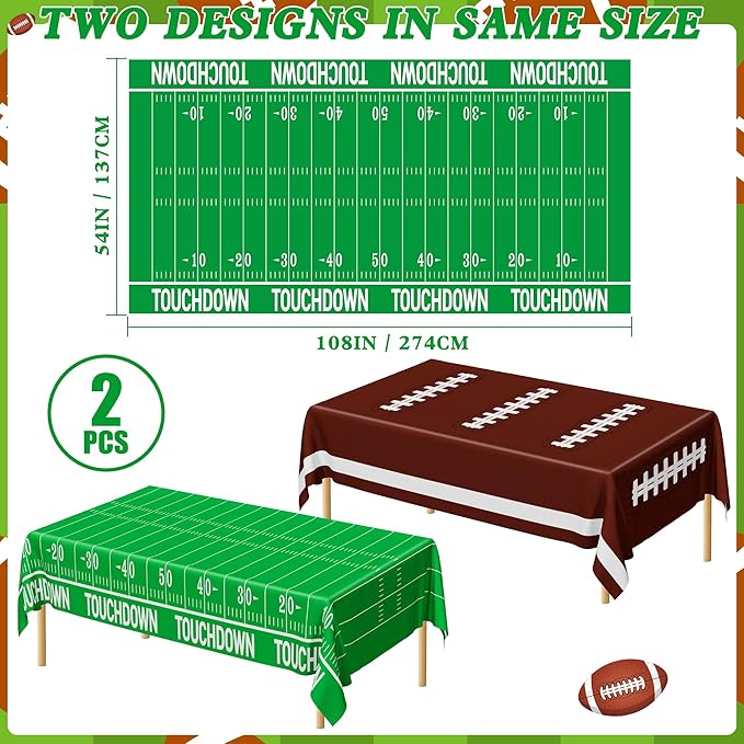QZYL Football Party Decorations 2026, Disposable Football Tablecloth, 2 PCS Brown Green Decoration Runner, Game Day Theme Table Cloth, Plastic Table Cover for Game Day Touchdown Party Supplies
