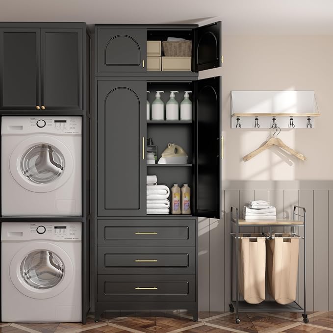 Kitchen Pantry Cabinet竊?0" Storage Cabinets with Doors and Shelves,Metal Pantry Cabinet with 3 Drawers,Black Kitchen Cupboard for Livingroom,Pantry, Bathroom