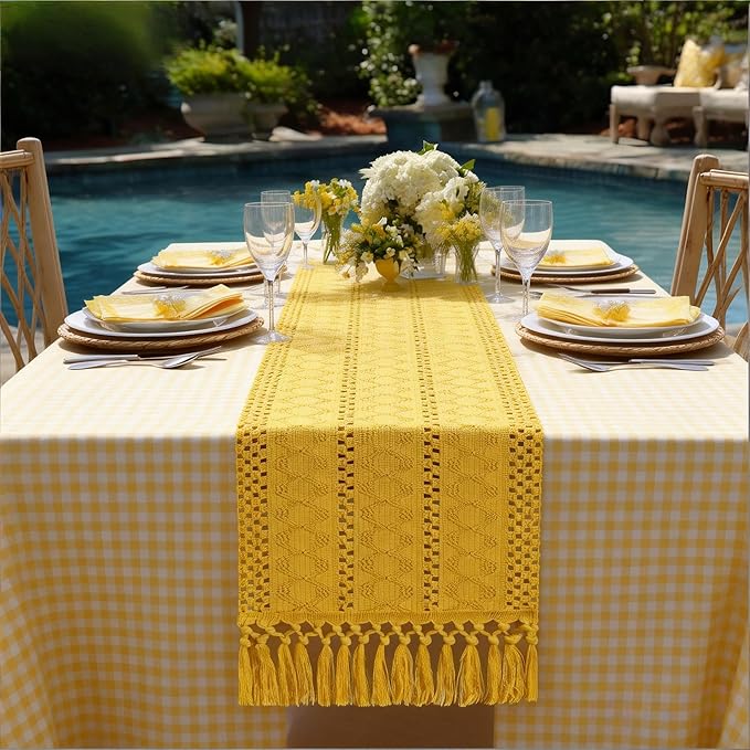 Socomi Boho Table Runner Macrame Valentine's Day Farmhouse Woven Cotton Linen Rustic Coffee Table Runner with Tassels for Dresser Scarf Home Decor Dining Room 12x90 in Yellow Gold