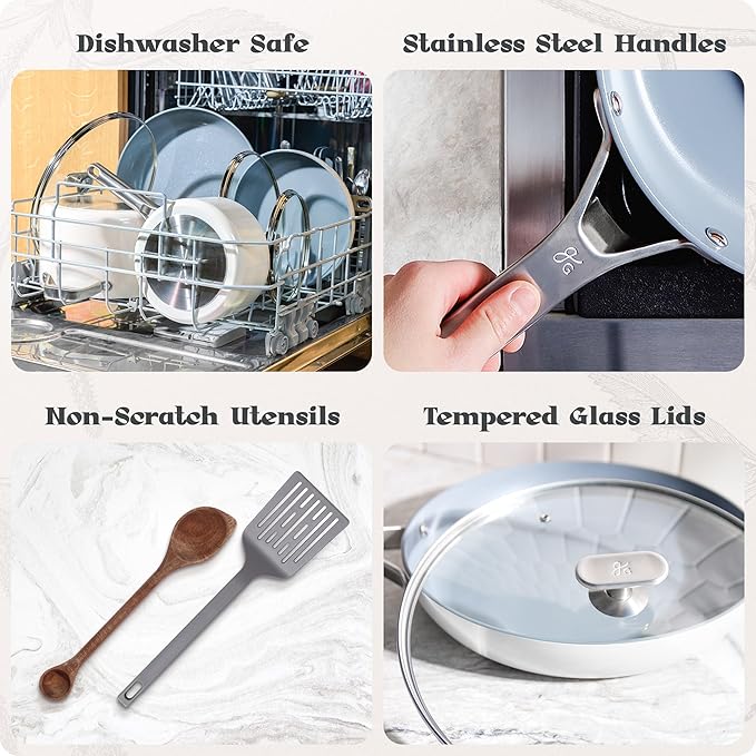 Premium Non-Toxic Ceramic Cookware Set ??Triple-Layer Nonstick 12 Piece Pots and Pans with Lids, PFAS-Free, Oven Safe for Healthy Meals, Space-Saving Design, Birch White Color | Greater Goods