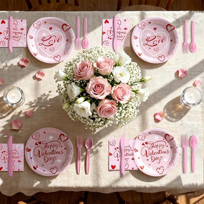 168 Pcs Valentine's Day Tableware Set - Serves 24, Heart & Love-Themed Disposable Paper Plates, Cups, Napkins, Forks, Spoons, Knives for Valentines Day Party, Wedding ,Bridal Shower,Holiday Gatherings