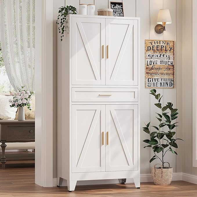 71?쏦 Metal Kitchen Pantry Cabinet with Drawers,White Kitchen Pantry Cabinets,Tall Food Storage Cabinets,Free Standing Pantry Cabinet with 4 Doors,Farmhouse Pantry Cabinets