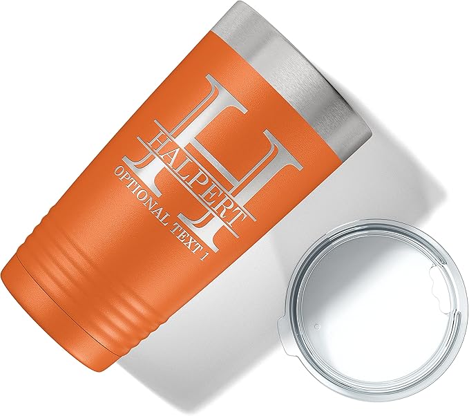Personalized 20oz (17 Colors) Powder Coated Insulated Stainless Steel Tumbler with Lid, Custom Etched, Customized Engraved Gift Idea for Women Men Her Him, Halpert Monogram Initial Name (Orange)