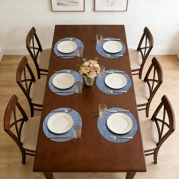 Maxpearl Round Placemats Set of 6, 13.8 inch Faux Leather Heat Resistant Table Mats, Non Slip Waterproof Wipeable Place Mats for Kitchen Dining Holiday Party Table Settings, Blue