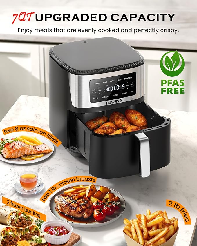 Nuwave Brio Plus 6-in-1 Air Fryer, 7-Qt Large Capacity, 50°F??00°F Precise Temp Control, Non-Toxic PFAS-Free Nonstick, Air Fry, Bake, Roast, Toast, Dehydrate, Reheat, 100 Presets, Dishwasher Safe