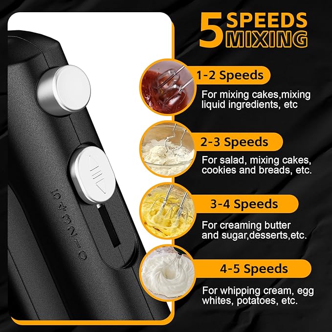 Lord Eagle 5-Speed Hand Mixer Electric Heldhand With Bowls Set, 300W Compact Mixer for Baking, Stainless Steel Mxing Bowl Measuring Cups Spoons, Black