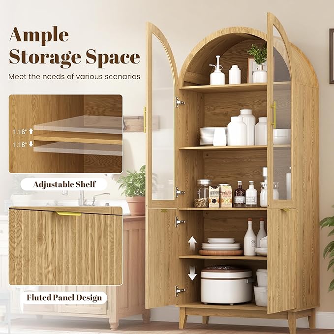 Pamapic 71" Tall Arched Cabinet, Fluted Kitchen Pantry with Glass Doors & Adjustable Shelves, Arch China Storage Cabinet, Wooden Pantry for Dining Room, Living Room (Natural)