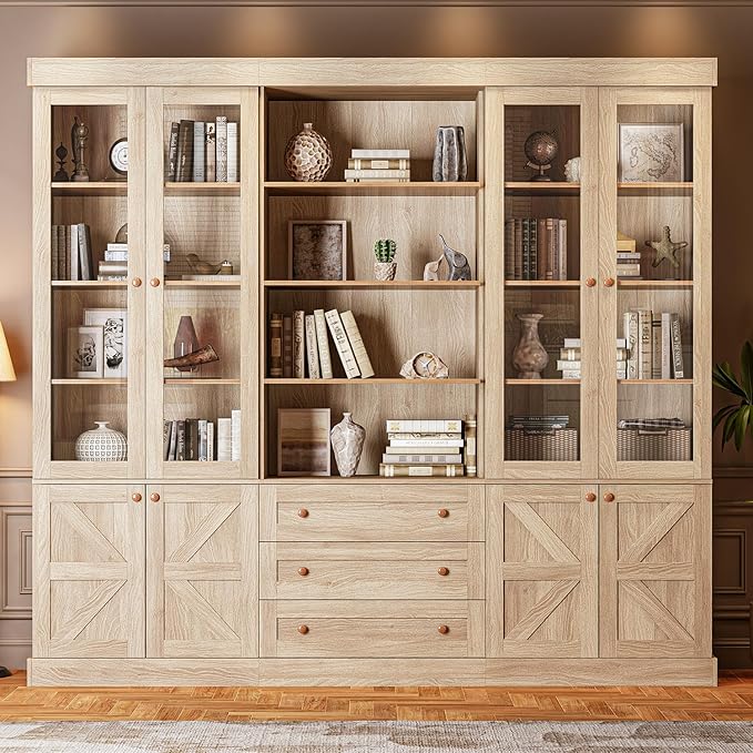 Vyre 71" Tall Farmhouse Kitchen Pantry, Large Storage Cabinets with Glass Doors, Freestanding Wood Hutch Cabinet with 3 Drawers & Adjustable Shelves for Living Room & Dining Room, Brown, Set of 3