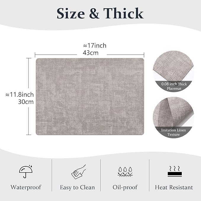 FROMHEART Faux Leather Placemats Set of 8?밯aterproof,Heat/Oil Stain-Resistant PU Table Mat?밨eversible,Non-Slip,Easy to Clean Place Mats for Kitchen,Dining,Indoor/Outdoor,(Light Grey,11.8" x 17")