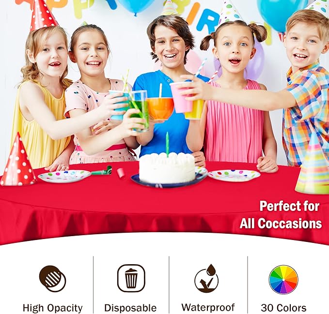 Party Solids Pack Of 6 Premium Plastic Tablecloth 84 Inch Round Plastic Table Cover - Red