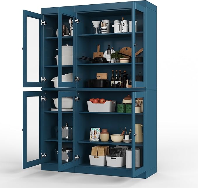 Palace Imports 100% Solid Wood 48.5" Pantry China Cabinet with Clear Glass Doors and Adjustable Shelves (Teal Blue)