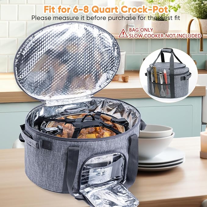 Double-Layer Slow Cooker Carrying Bag for 6-8 Quart CrockPot and Hamlton Beach Slowcooker, Travel Bag with Lid Fastener for Crock-pot, Portable Carrier with See-throught Window(BAG ONLY)