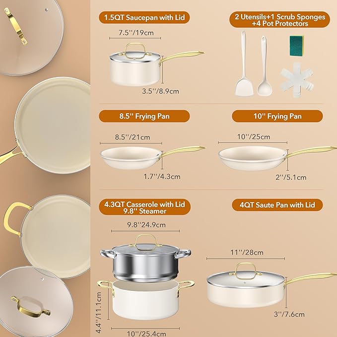 PekGema Ceramic Cookware Set 15-Pieces, Pots and Pans Set Non Stick, Oven Safe Non Toxic, Kitchen Cookware Set, PFOA PTFE FREE, Gold White