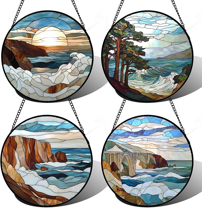 Stained Glass Window Hanging 4 Pcs Set Ocean Waves Large 15" - Blue and White Sea Suncatcher Door Garden Sun Catcher Decor Birthday Christmas for Mom Woman Nana Men