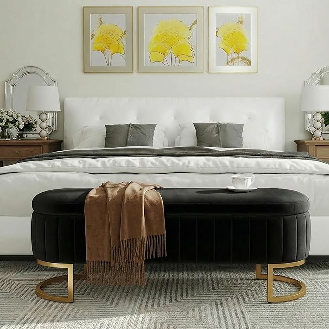 VIROL 65 Inch Storage Ottoman Bench Velvet End of Bed Storage Bench King Size Upholstered Tufted Bench Large Space for Bedroom Living Room Entryway Black