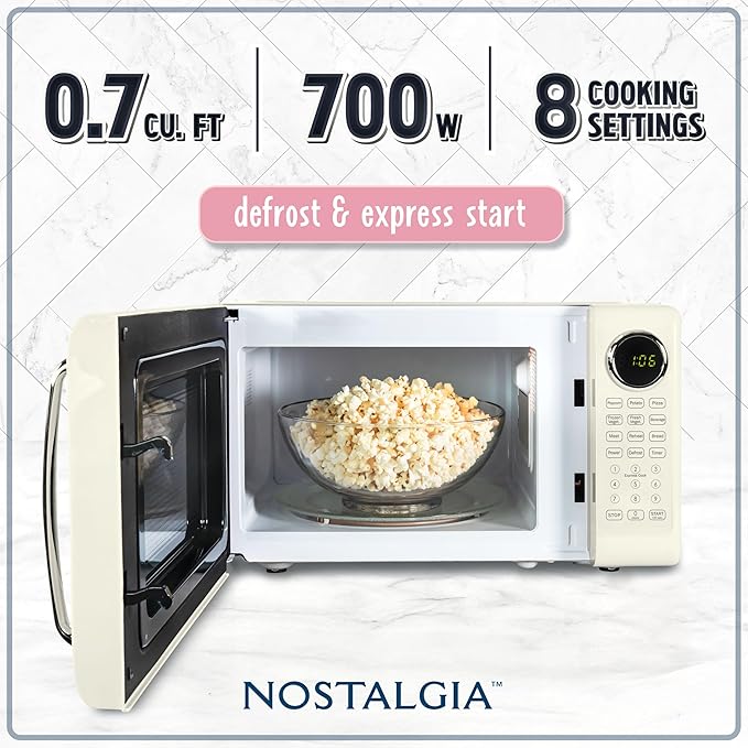 Nostalgia Retro 700W Microwave Oven 0.7 Cu Ft Capacity ??Child Safety Lock, 8 Auto-Cook Settings ??Countertop Kitchen Appliance ??Ivory