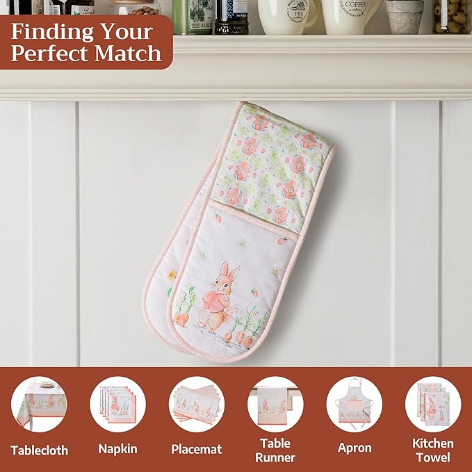 Maison d' Hermine Double Oven Mitts 100% Cotton 7"x35" Double Oven Mitt Heat Resistant BBQ Cooking Gloves with Loop, Baking, Grilling, Home, Kitchen, Handling Hot Pans Spring Summer (Bunny Party)