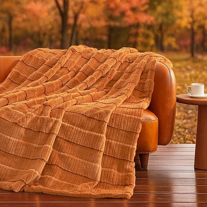 Am챕lie Home Luxury Striped Faux Fur Throw Blanket for Couch, Soft Cozy Fuzzy Fluffy Soft Plush Blankets Sofa Chair Gift Blankets for Women, 60"x80", Brown