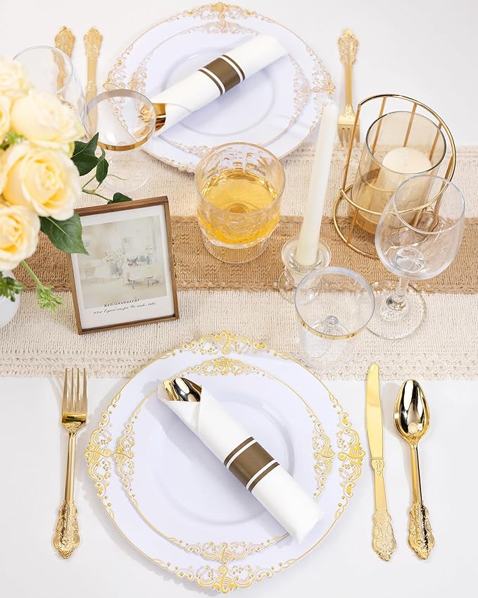 Nervure 350PCS Gold Plastic Plates - Gold Plastic Dinnerware Sets for 50 Guests - 100 Disposable Plates, 150 Silverware, 50 Cups, 50 Napkins for Wedding & Party & Thanksgiving