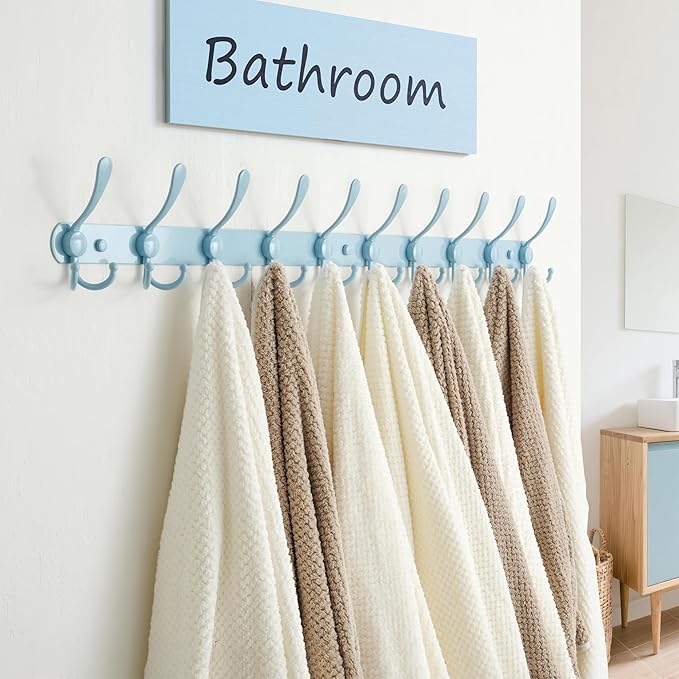 Dseap Coat Rack Wall Mount - 38??Long 10-Tri-Hooks Heavy Duty Coat Hanger Rail Wall Hooks for Hanging Coats Hats Clothing Clothes Purse Mudroom Entryway, Blue, Pack of 2