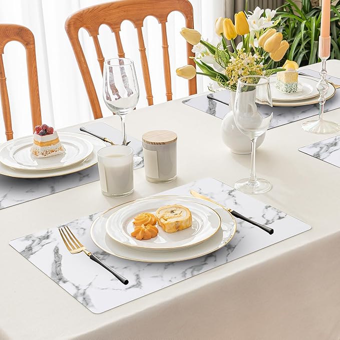 Romanstile Vinyl Placemats Set of 4-12 X 17 Inch - Heat Resistant Place Mats 100% Waterproof Oilproof Wipeable Reversible Faux Leather Table Mats for Kitchen, Dining, Party, Outdoor, Marble