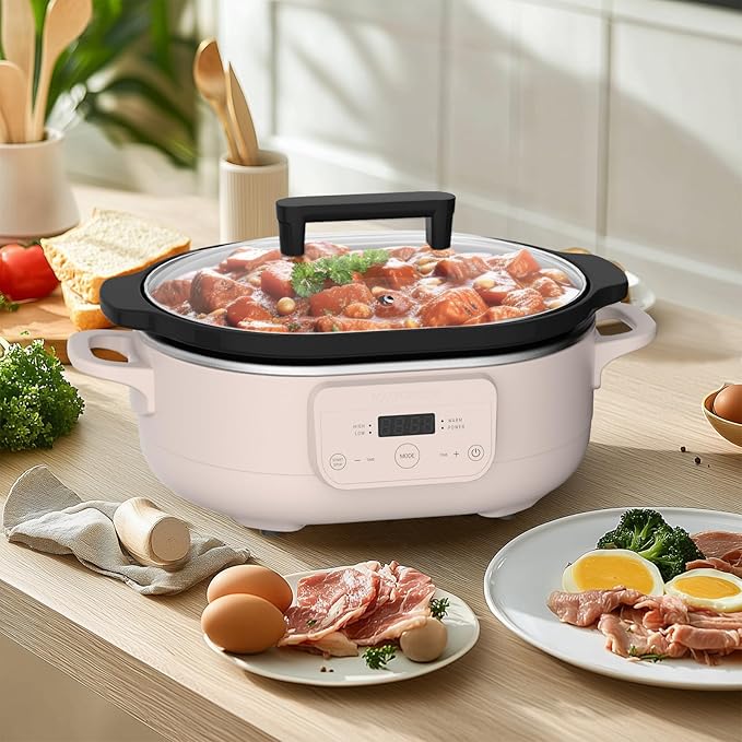 MAGNIFIQUE 6 Quart Programmable Slow Cooker Removable Healthy Nonstick Pot - Small Kitchen Appliance for Family Dinners, Pink