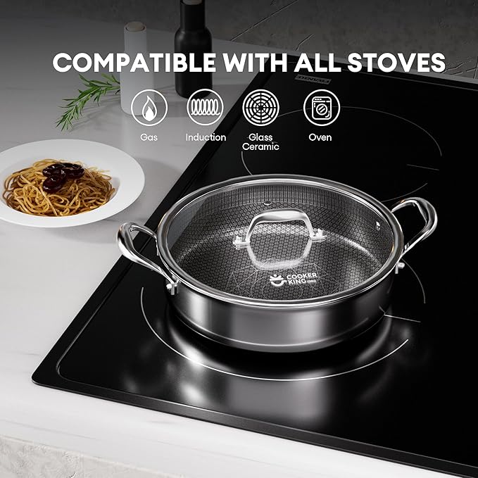 COOKER KING 5QT Stainless Steel Saute Pan with Lid, Hybrid Nonstick Deep Saute Pan, Chicken Fryer, Tri-Ply Clad Even Heat Distribution, Dishwasher-Friendly,Oven Safe to 500째F, Induction Compatible