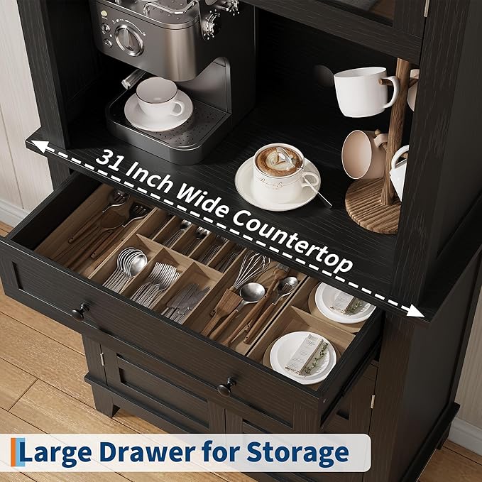 Elegant Black Modern Wood Pantry Coffee Cabinet with Ample Storage, Spacious 72" Tall Kitchen Bar Cabinet Hutch Featuring 4 Stylish Glass Doors & 1 Smooth Drawer, Versatile Stand-Alone Food Pantry