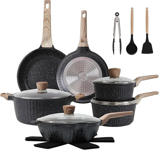 Pots and Pans Set Non Stick, 17Pcs Kitchen Cookware Sets, Granite Stone Induction Cookware Non Stick Cooking Set w/Frying Pans, Saucepans, Saut챕 Pan (PFOA Free), Black
