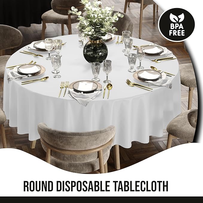 Party Solids 12-Pack White Round Plastic Tablecloth Disposable ??Size: 90 Inches ??Round Plastic Table Cloths for Parties, Picnics & Formal Events
