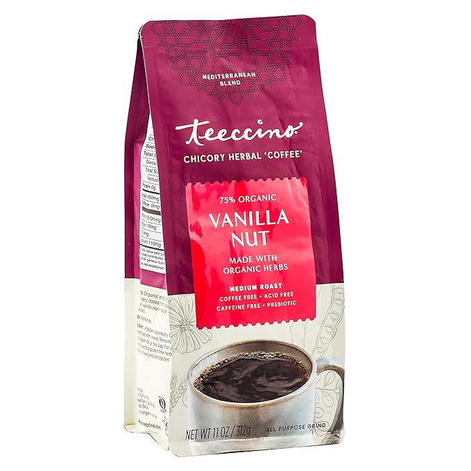 Teeccino Vanilla Nut Chicory Coffee Alternative - 11 Ounce - Ground Herbal Coffee That?™s Prebiotic, Caffeine Free & Acid Free, Medium Roast, (Pack of 3)