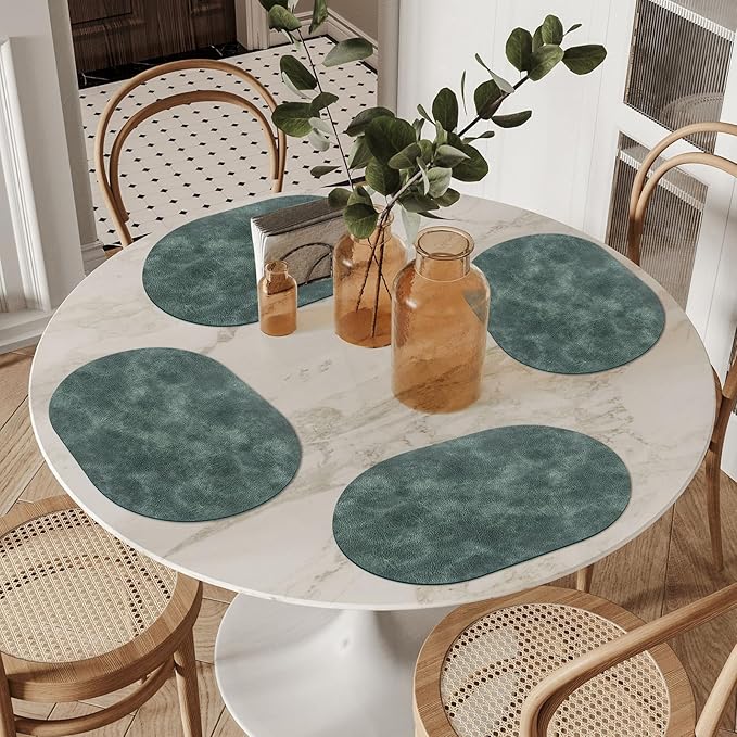 ADRIMER Placemats, Heat Resistant Oval Placemats Set of 6 Washable 12 x 17 Inch, Waterproof Table Mats, Wipeable Pu Place Mats for Kitchen, Dining Room, Blue & Green