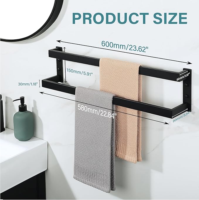 Alise Double Towel Bar 24", SUS304 Stainless Steel Towel Racks for Bathroom Wall Mounted, Heavy Duty Bathroom Towel Holder, Space Saving Towel Hanger, Matte Black