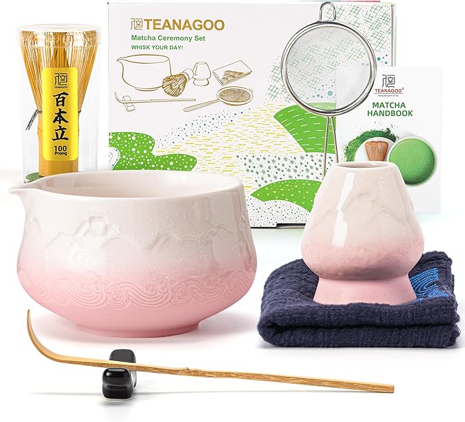 TEANAGOO 7 Pcs Matcha Whisk Set, Pink Matcha Set, Ceremony Matcha Powder Kit,Matcha Tea Set for Making Latte,Matcha Whisk Set and Bowl with Scoop&Sifter,Fuji Design Ceramic Bowl,Gift for Matcha Lovers
