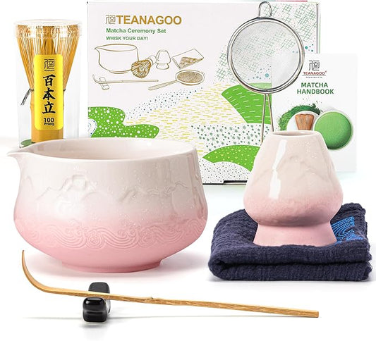 TEANAGOO 7 Pcs Matcha Whisk Set, Pink Matcha Set, Ceremony Matcha Powder Kit,Matcha Tea Set for Making Latte,Matcha Whisk Set and Bowl with Scoop&Sifter,Fuji Design Ceramic Bowl,Gift for Matcha Lovers