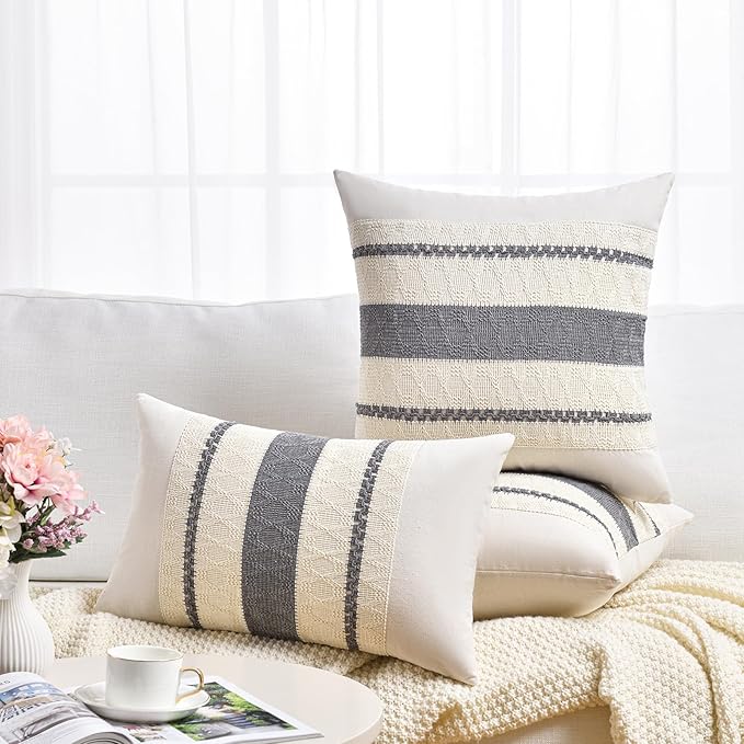 Fancy Homi Set of 2 Neutral Grey Farmhouse Long Lumbar Decorative Throw Pillow Covers 14x24 Inch for Couch Bed Chair, Vintage Country Rustic Retro Room Decor, Soft Thick Cotton Rectangle Cushion Case