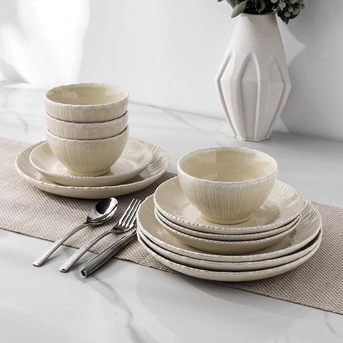 GBHOME Stoneware Dinnerware Sets for 4,Round Reactive Glaze Ceramic Plates and Bowls Set, Highly Scratch Resistant | Dishwasher & Microwave Safe Dishes Set,Service for 4(12Pcs)