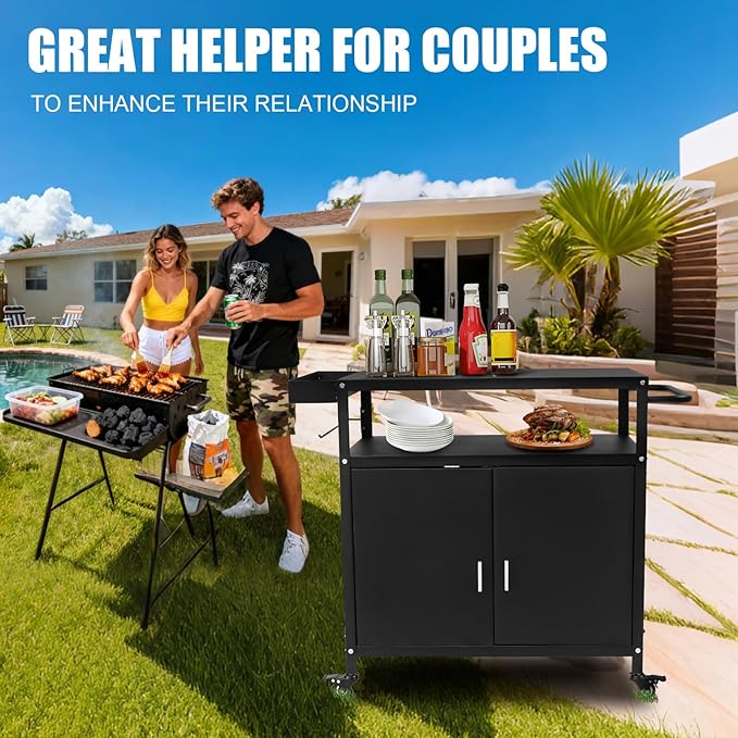 Kqoya Grill Cart with Storage, Outdoor Bar Cart Rolling BBQ Cart Movable Pizza Oven Table Stand with Foldable Stainless Steel Top & Storage Cabinet, Black（34.6 x 17.7 x 34.6 Inch）