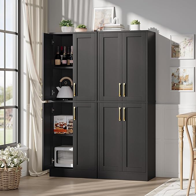 Pantry - Kitchen Pantry Cabinet with 4 Doors and Adjustable Shelves, Tall Black Cabinet Freestanding Storage Cupboard for Dining Room Living Room, Laundry, Bathroom (Black)