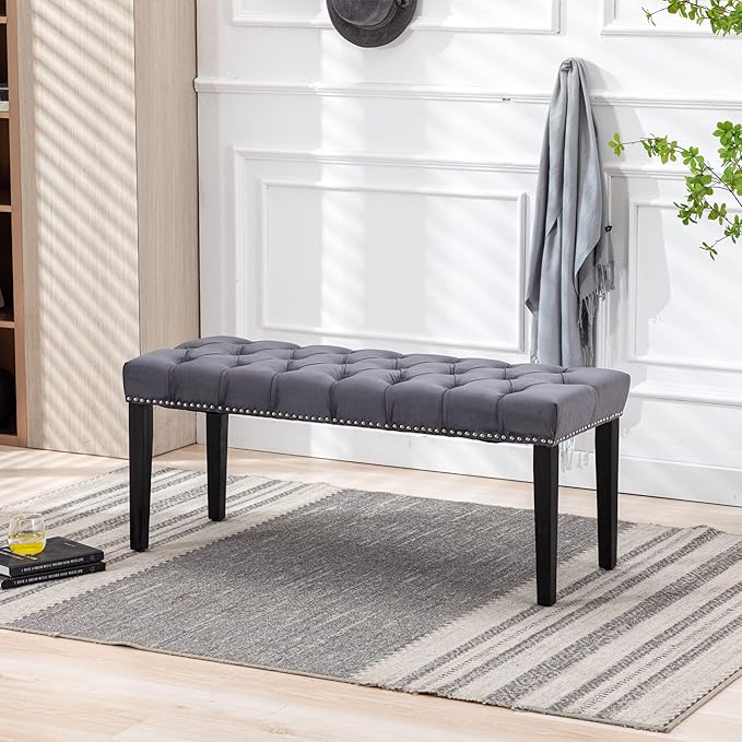 KCC Button-Tufted Ottoman Bench, Upholstered Bedroom Benches Velvet Footrest Stool Accent Bench for Entryway Dining Room Living Room Bedroom End of Bed, Dark Gray