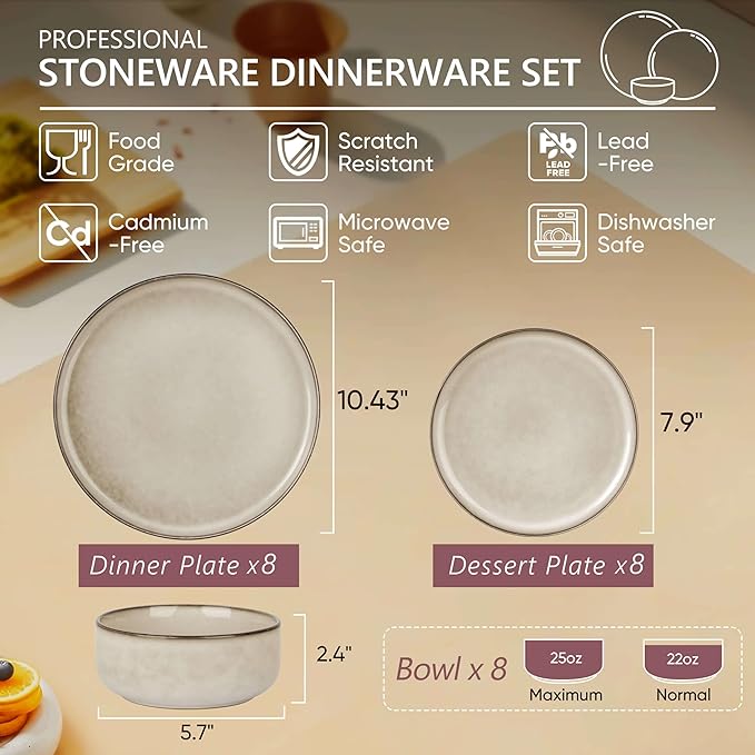 Herogo Stoneware Plates and Bowls Sets for 8, 24 Pieces Modern Round Dinnerware, Reactive Glaze Dishes Set for Kitchen, Chip Resistant, Microwave & Dishwasher Safe, Cream Khaki