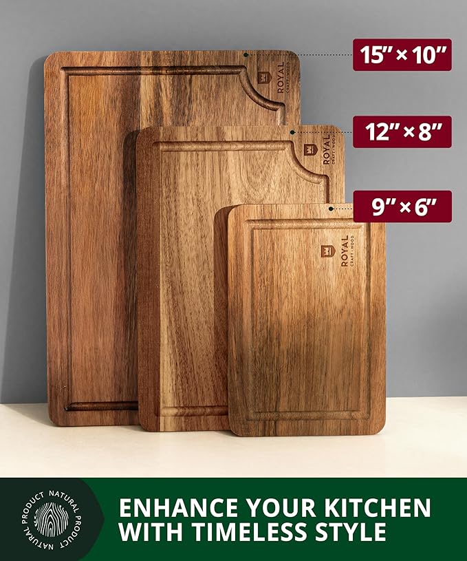 ROYAL CRAFT WOOD Acacia Wood Cutting Boards Set of 3 ??Premium Wooden Cutting Boards for Kitchen Meal Prep & Serving - Charcuterie & Chopping Butcher Block for Meat with Deep Juice Groove Side Handles