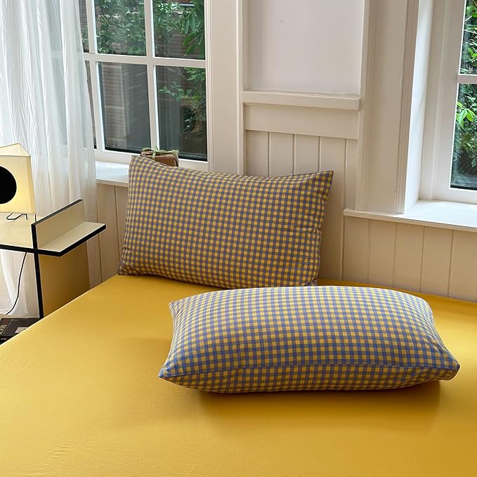 LifeTB Queen Comforter Set Purple Yellow Gingham Comforter Geometric Checkered Pattern Comforter Set Boho Grid Plaid Bedding Comforter Fluffy Soft Farmhouse Grid Bedding Set Queen Size Durable