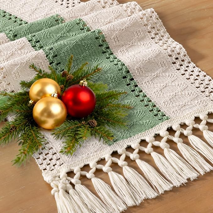 Socomi Boho Table Runner Macrame Long Valentine's Day Farmhouse Woven Cotton Linen Rustic Coffee Table Runner with Tassels for Dresser Scarf Home Decor Dining Room 12x108 inch Sage Green Ivory
